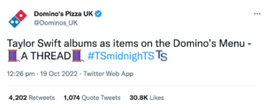 Domino's Twitter thread of their products as Taylor Swift albums